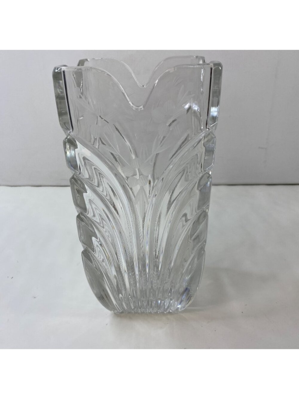 Crystal Clear Tulip Polish Cut Square Vase Etched Textured Floral Design Vintage